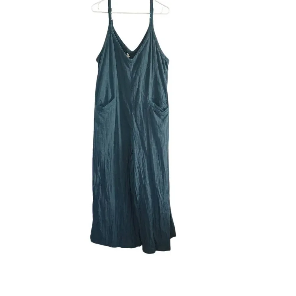 Natural Life Women's Size XL Green Cotton Linen Print V-Neck Wide Leg Jumpsuit